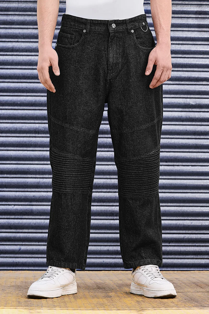 SNITCH Black GRIND Knee Patch Baggy Biker Jeans for Men | Best Price UAE